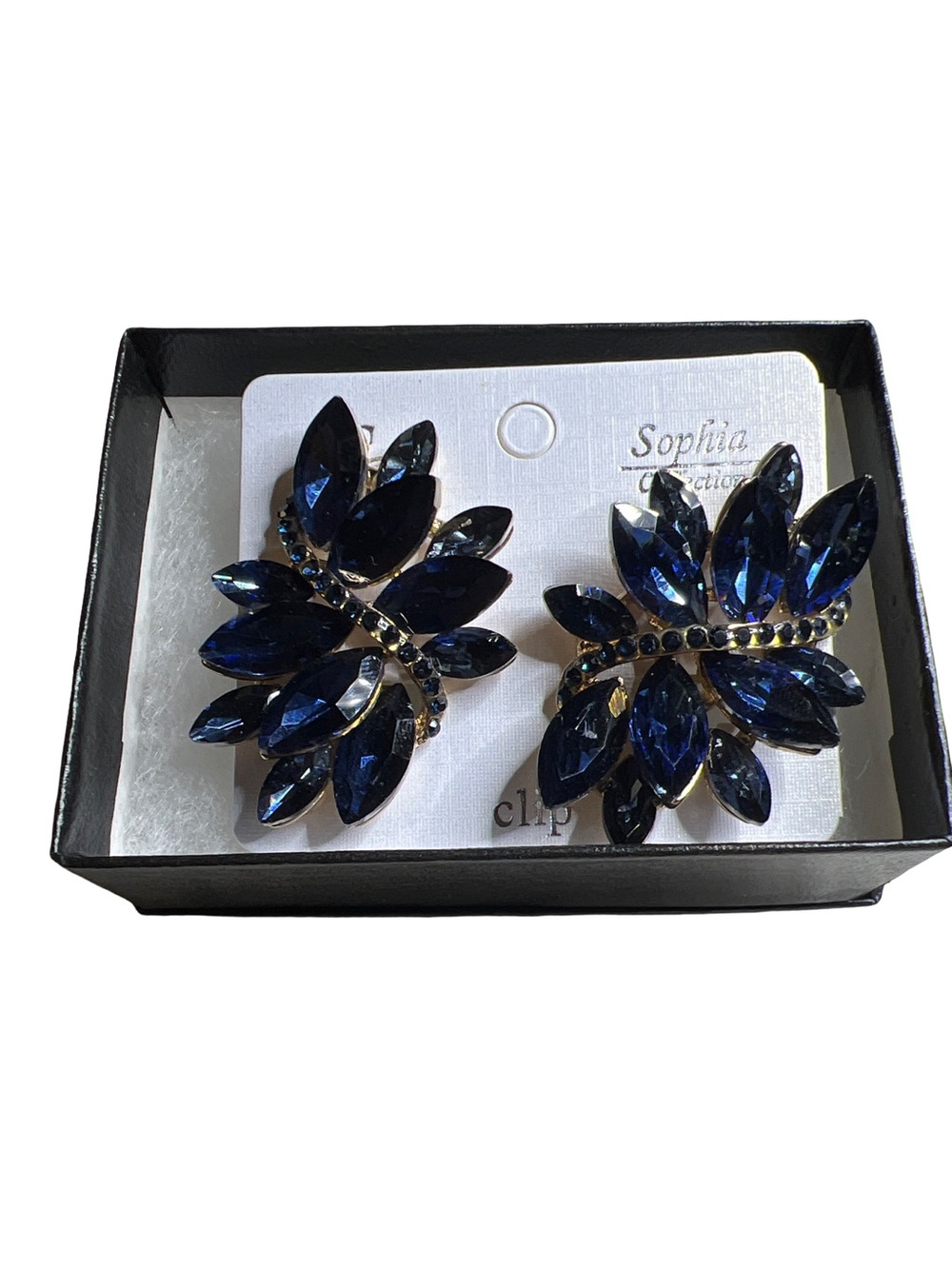 Gold Tone Blue Crystal Maquis Leaf Cluster Clip On Earrings